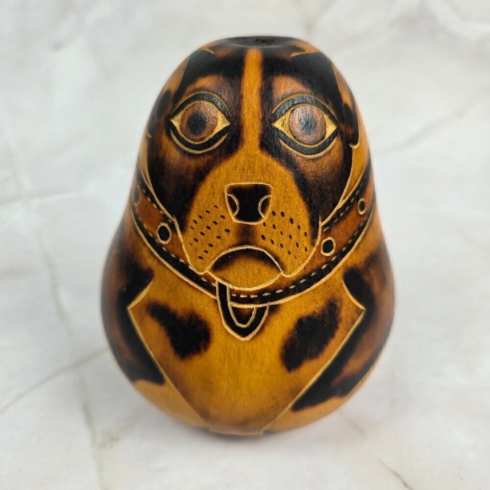 Handmade Folk Art Guard Dog Made From a Gourd Carved Burned Freestanding